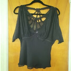 Catherine Malandrino Flouncy Black Blouse with Crystals - Size L